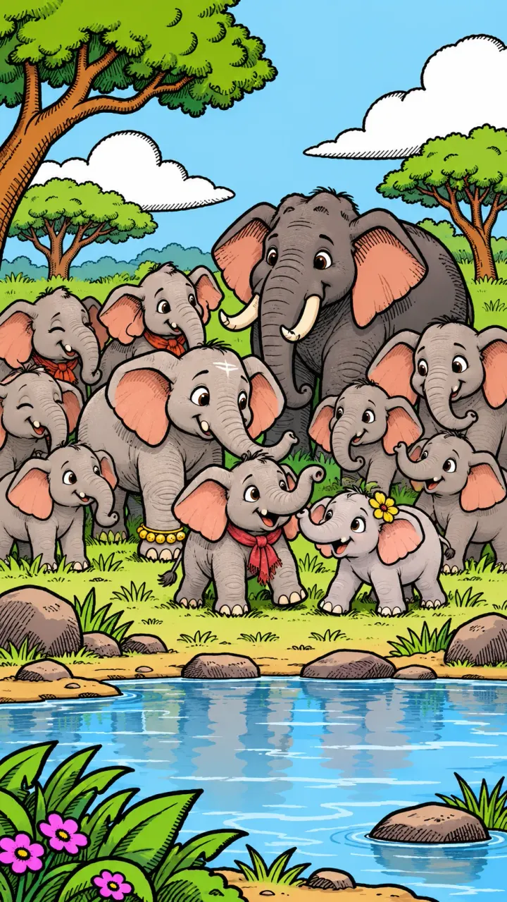 Comic panel: Jumbo's herd lives beside a waterhole