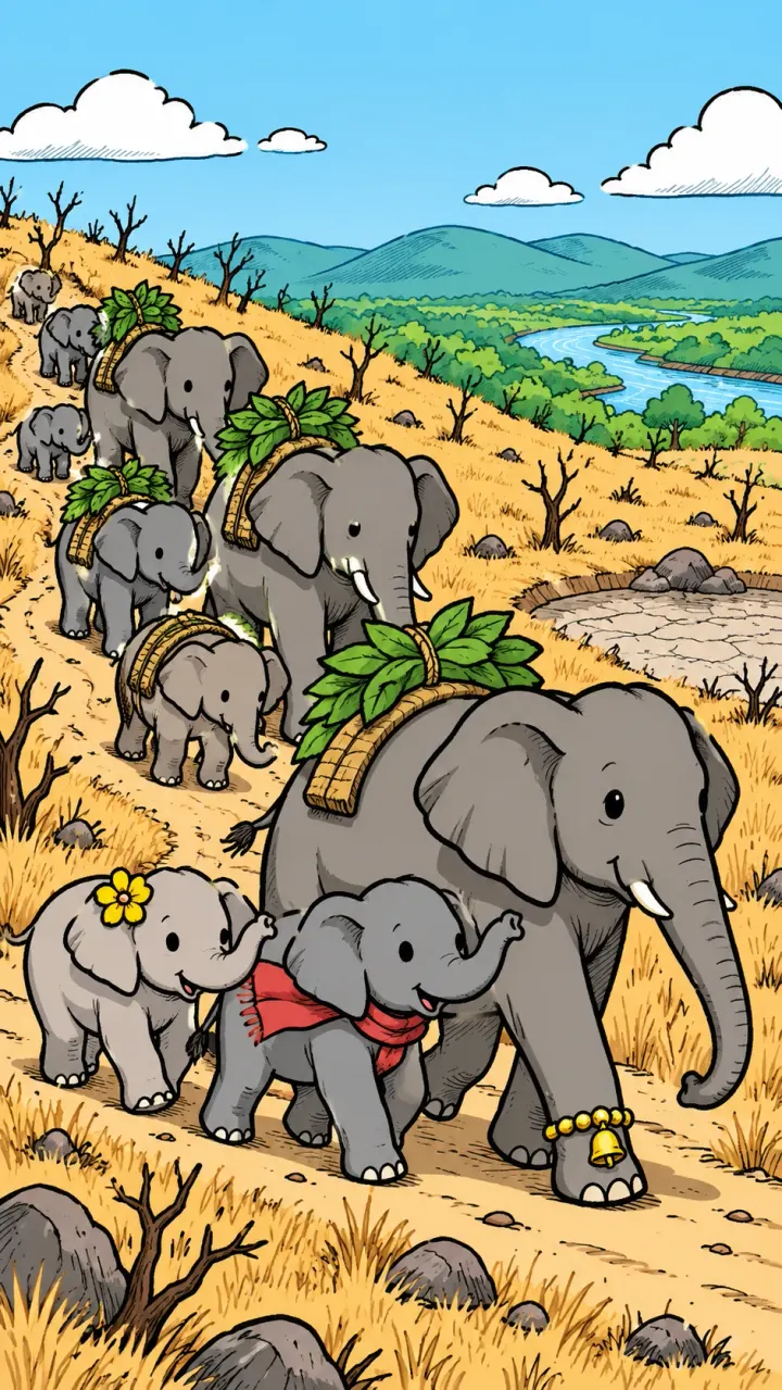 Comic panel: Amma leads the herd toward the river