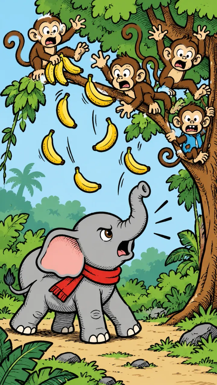 Comic panel: Jumbo roars and the monkeys drop their bananas