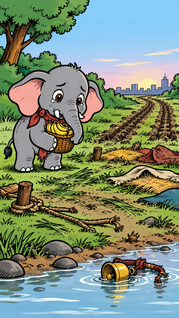 Comic panel: Jumbo finds the empty camp and Amma's bell